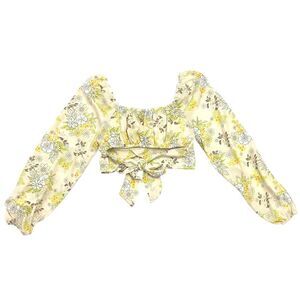 Madden NYC Cream Yellow Floral Retro Crop Top Tie Back‎ Balloon Sleeves Sz M 70s